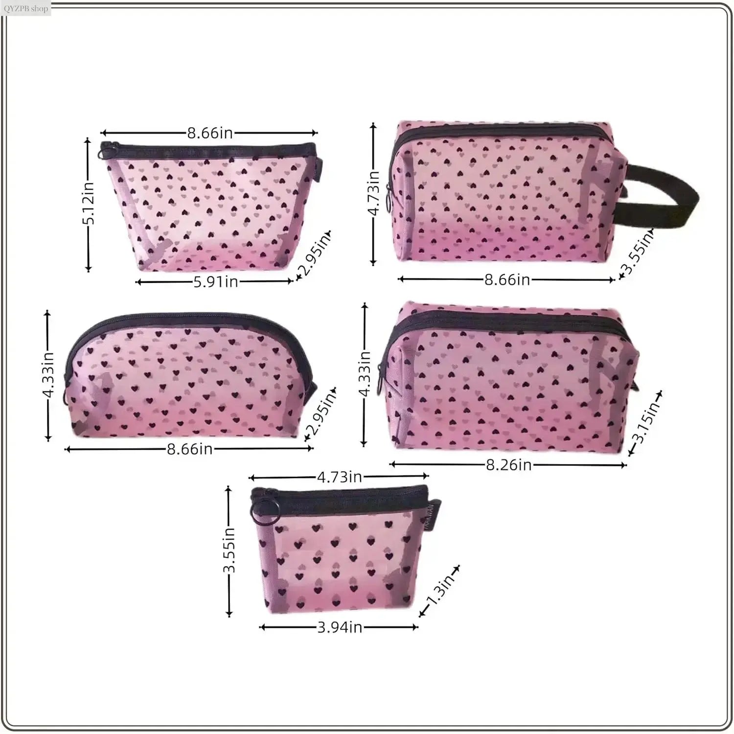 Women'S Casual Black-5 Pcs Makeup Bag Set, Clear Mesh Heart-Pattern Cosmetic Organizer Pouches, Zippered Lightweight Purse Accessories - inside Girly Purse Storage for Bathroom, Travel